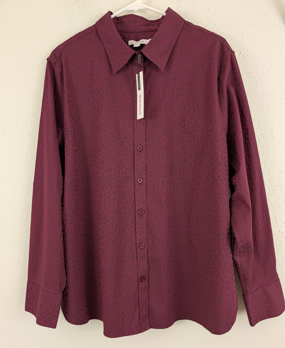 Chico's sz 3.5 or US 18 Animal Print Shirt no iron burgundy long sleeves 3634